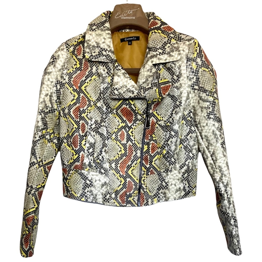 XS•CRISTINA LEI•VEGAN LEATHER SNAKESKIN SHORT ZIP UP JACKET•